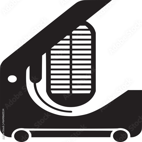 A black and white illustration of a portable air conditioner on a white background in a minimalist style