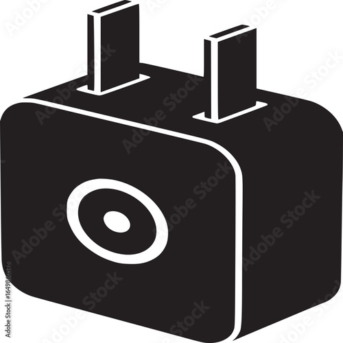 A black and white illustration of a power adapter with a circular design on the side view image