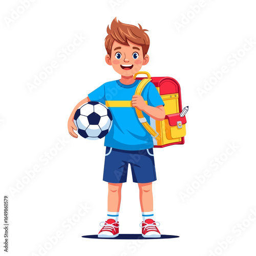 Young boy with backpack and ball: A young boy, ready for adventure, clutches a soccer ball while casually slinging his backpack over his shoulder. He is full of youthful enthusiasm.