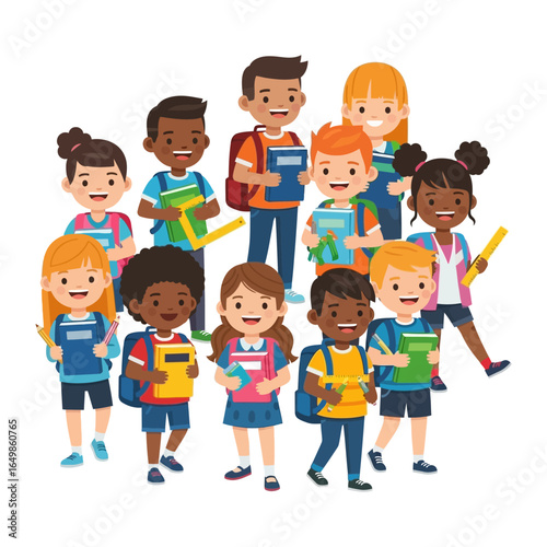 School Day: A vibrant illustration showcases a joyful group of children, diverse in ethnicity, eagerly preparing for their educational journey with backpacks and books.