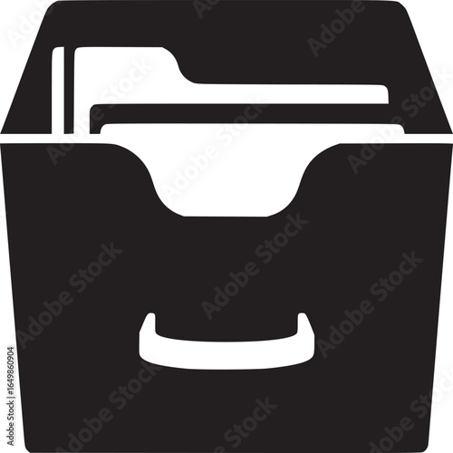 A black and white illustration of a file cabinet with files inside on a white background simple design