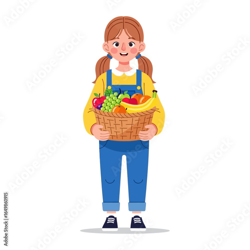 Fresh Harvest: A young girl holds a woven basket overflowing with a vibrant array of fresh, colorful fruits.