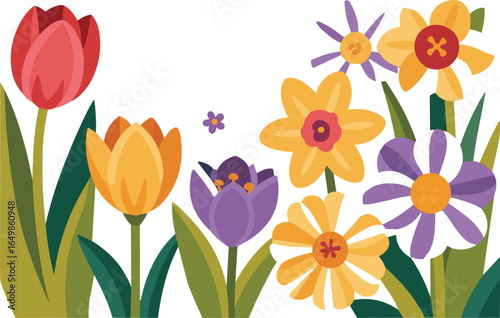 Vibrant spring floral illustration featuring tulips and daffodils in a flat design style