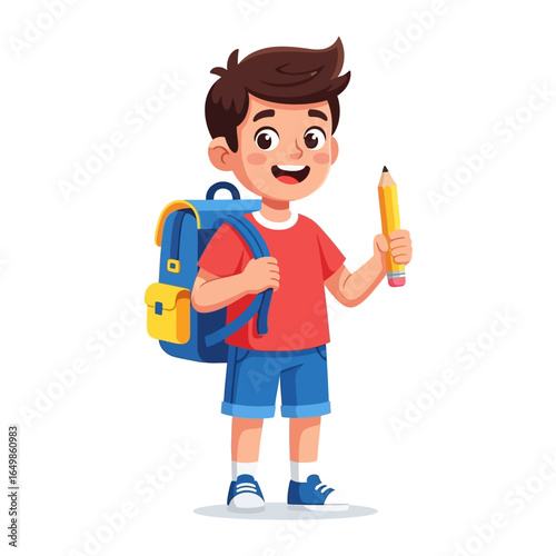 Boy Ready for School: A cheerful young boy, equipped with a backpack and a bright pencil in hand, exudes enthusiasm and anticipation as he prepares to embark on his educational journey.