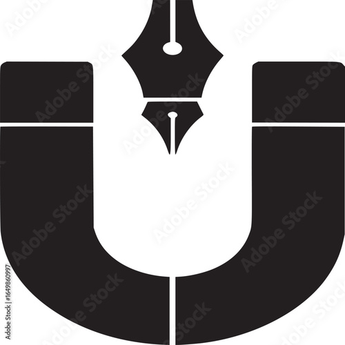 A black and white illustration of a magnet with a pen nib above it in a minimalist style art