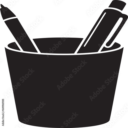 A black and white image of a pen and marker in a black cup on a white background simple and minimalist