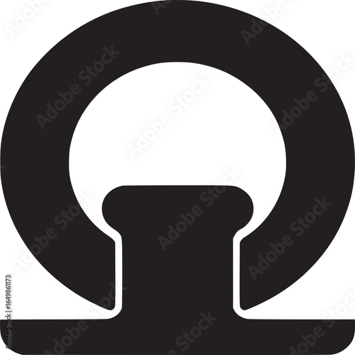 A simple black and white graphic design featuring a ring with a t shaped base on a white background