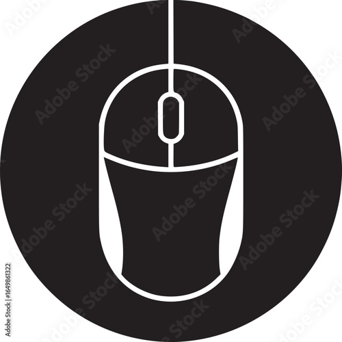 A black circle containing a white computer mouse design on a white background in a simple illustration