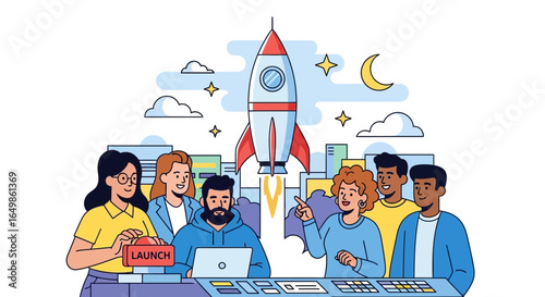 Team launching startup rocket with modern collaborative energy