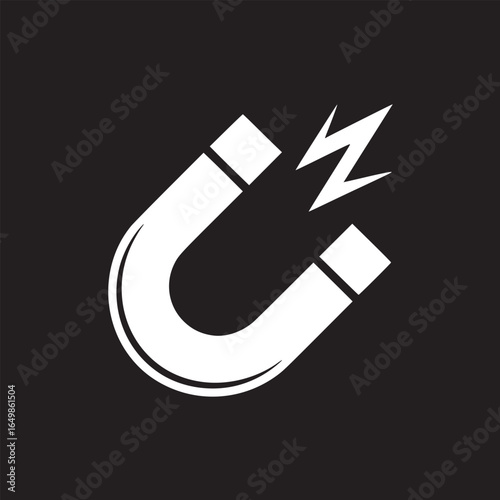 A white magnet with a lightning bolt between the poles on a black background in a minimalist style