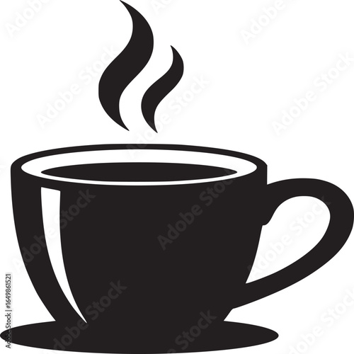 A black and white illustration of a coffee cup with steam rising from it on a white background design
