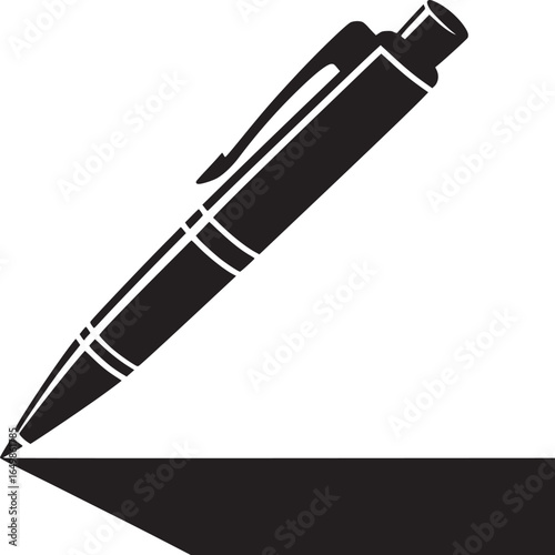 A black and white graphic of a ballpoint pen with a shadow on a white background illustration
