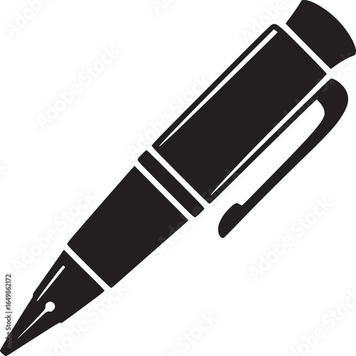 A black and white illustration of a fountain pen with a clip and a cap on a white background