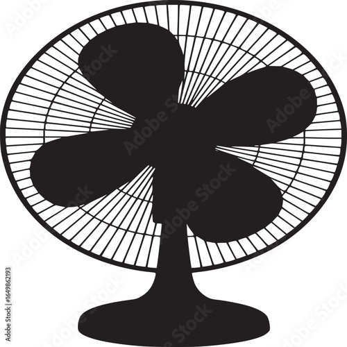 Silhouette of a standing fan with a round guard and four blades against a white background in a studio shot