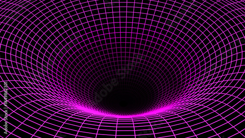 3D background with purple neon lines, black hole space warp concept, geometri...