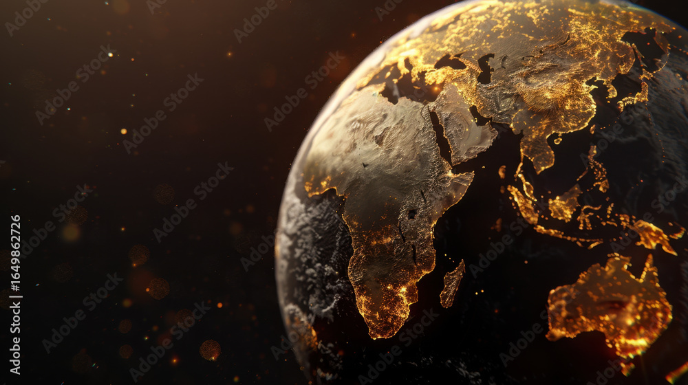 Obraz premium Stunning view of Earth from space, showcasing illuminated continents and vibrant city lights against dark background. image captures beauty and complexity of our planet, highlighting