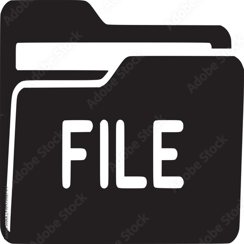 A simple black and white illustration of a file folder icon with the word file on it in white text