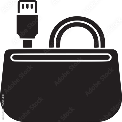 A black and white graphic of a purse with a charger coming out of it in a simple illustration