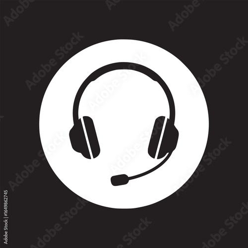 A simple graphic of a black headset with microphone inside a white circle on a black background