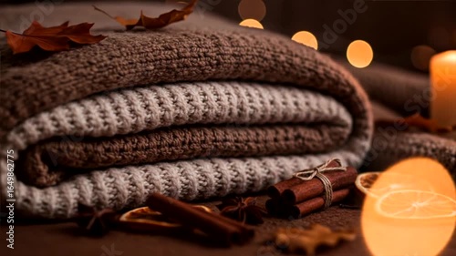 Cozy Autumn Still Life: Warm Knitwear, Spices, and Candlelight