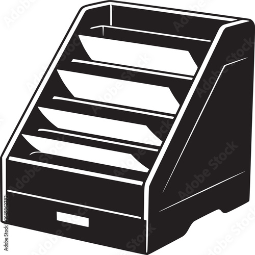 A black and white illustration of a desk organizer with several shelves and a small drawer below it