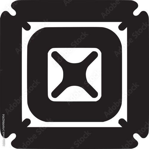 A black and white graphic featuring nested squares and a central cross shape with rounded edges design