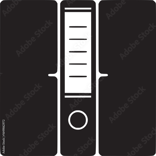 A black and white illustration of a ring binder with horizontal lines and a circle on the spine