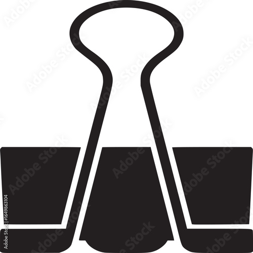A simple black binder clip isolated on a white background in a minimalist style graphic design