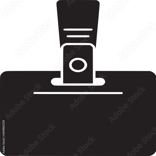 A black and white graphic of a horizontal name tag with a clip on a white background simple design