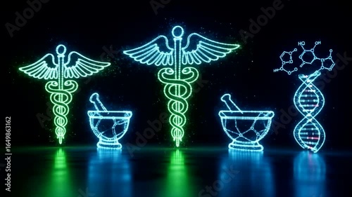 Neon Medical Symbols: Caduceus, Mortar and Pestle, DNA,  Modern Healthcare Advancements
