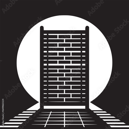 A black and white graphic art image of a brick wall with a circular light behind it and a grid floor
