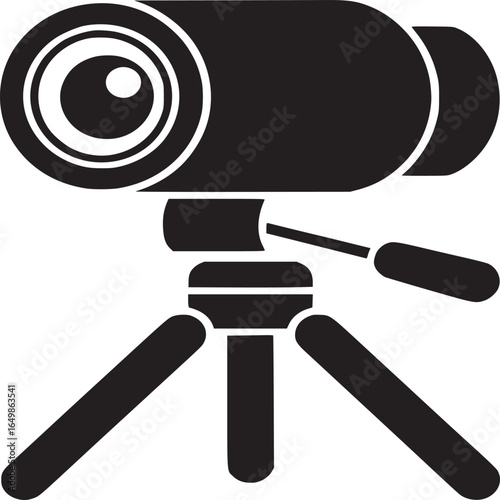A black and white illustration of a camera on a tripod against a white background in simple style