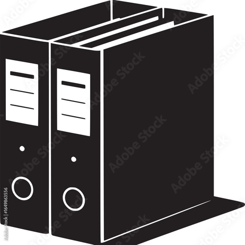 A monochrome illustration of two black ring binders standing side by side on a white background space