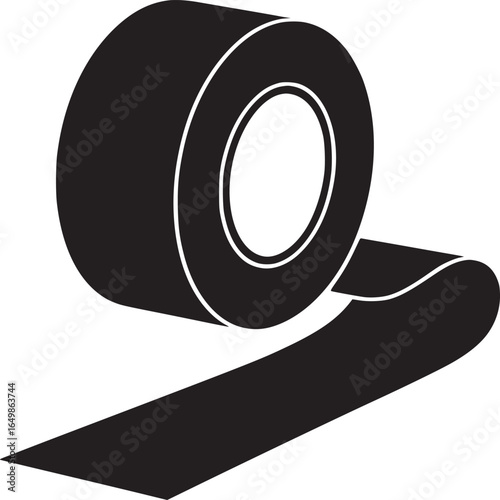 A black and white illustration of a roll of tape with a portion unrolled on a white background