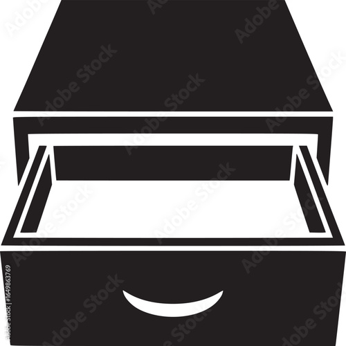 A black and white graphic illustration of a drawer slightly open on a white background simple design