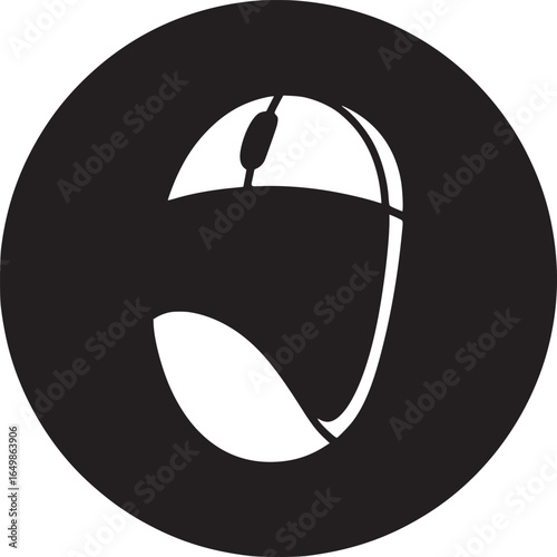 A stylized computer mouse in black and white against a black circular background illustration art