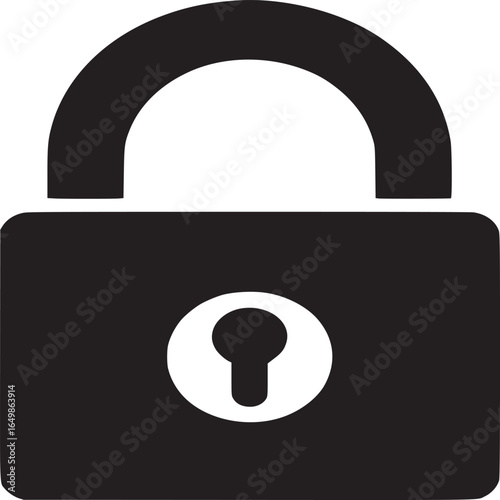 A simple black padlock with a white keyhole on a plain white background in a minimalist style art