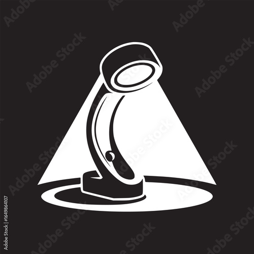 Illuminated desk lamp with a curved arm casting a bright light in a minimalist black background style