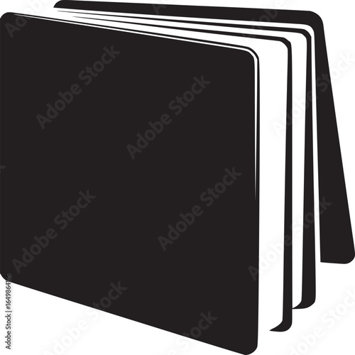 Illustration of a black book with white pages partially open against a white background showing binding