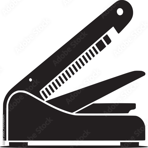 A black and white illustration of a hole puncher with a lever and a base on a white background