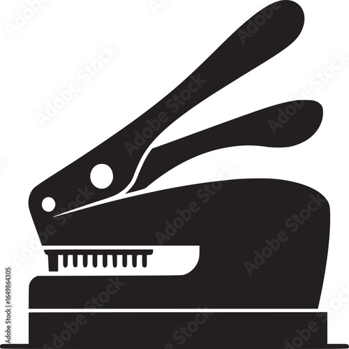 A black and white illustration of a notary embosser with a lever and a base on a white background
