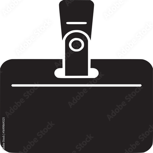 A black and white illustration of a name tag with a clip and a horizontal line on the front side