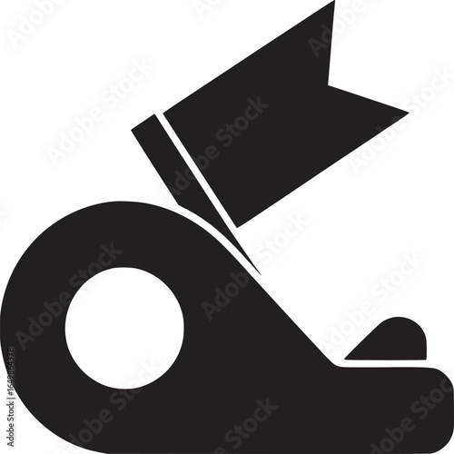 A black and white minimalist illustration of a tape dispenser with a flag on top of it