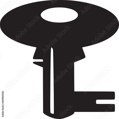 A simple black key with a round head and a hole isolated on a white background in a minimalist style