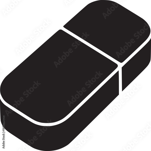 A simple black eraser with white outlines on a white background in a graphic design style