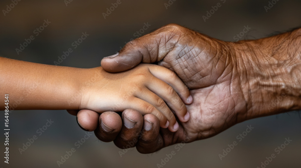 Fototapeta premium Close up of child hand grasping adult hand, symbolizing connection and support. adult hand shows signs of age and work, while child hand is smooth and small, representing innocence and trust