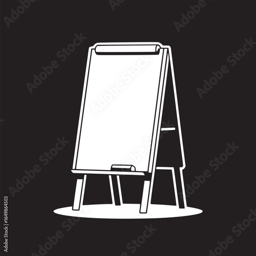 A white flip chart with a marker on a stand against a black background in a simple illustration