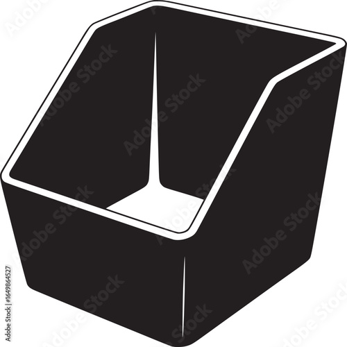 A black and white illustration of an empty storage bin with angled sides on a white background