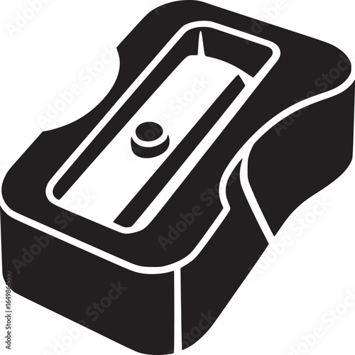 A black and white graphic illustration of a pencil sharpener on a white background isolated