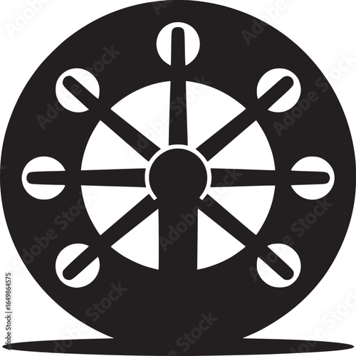 A black and white illustration of a wheel with spokes and circles on the ends in a circular frame
